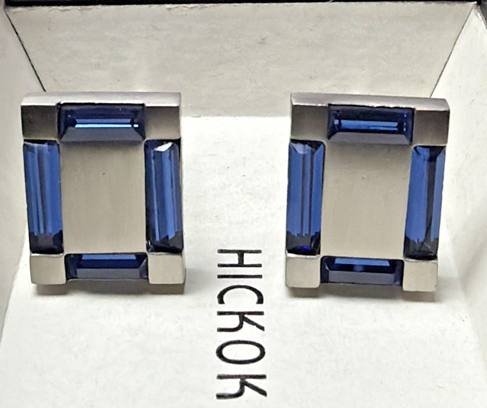 Vintage Hickok Blue Baguette Glass Cufflinks Silver Tone Geometric Modernist Box